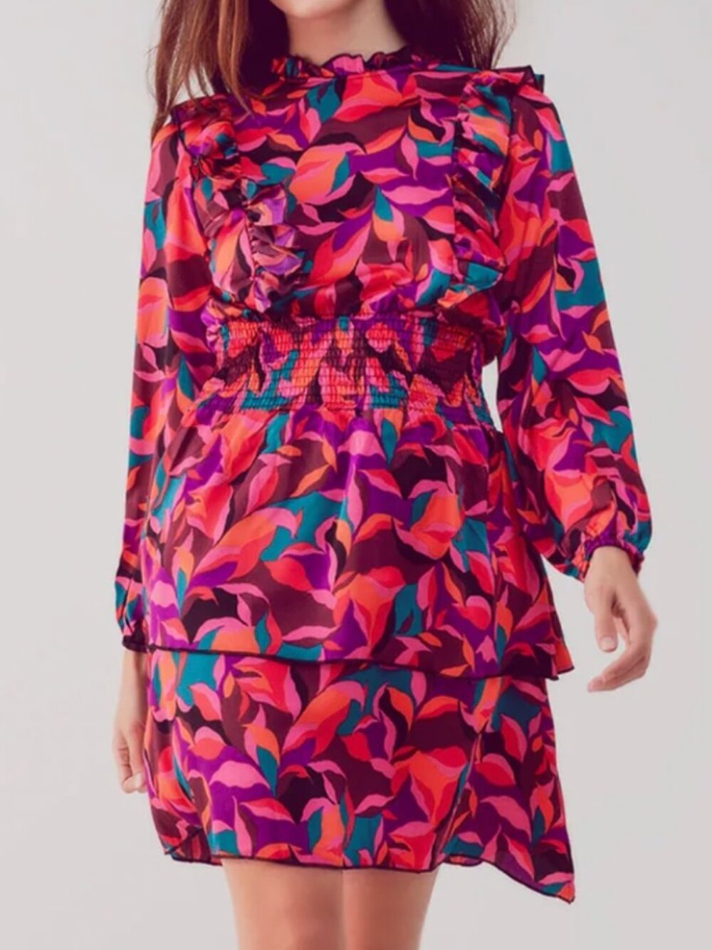 Vibrant Pink Multi-Color Long Sleeve Ruffle Waist Dress Size Large
